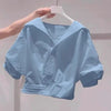 Solid Lapel Bubble Sleeve Blouse