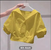 Solid Lapel Bubble Sleeve Blouse