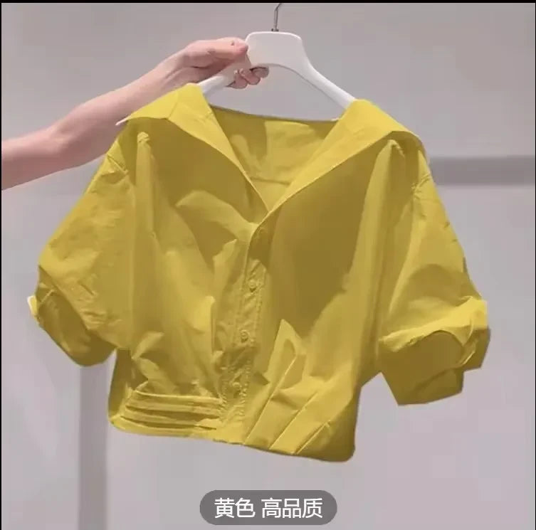 Solid Lapel Bubble Sleeve Blouse