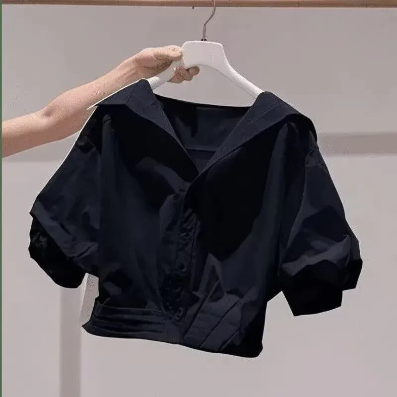 Solid Lapel Bubble Sleeve Blouse