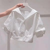 Solid Lapel Bubble Sleeve Blouse