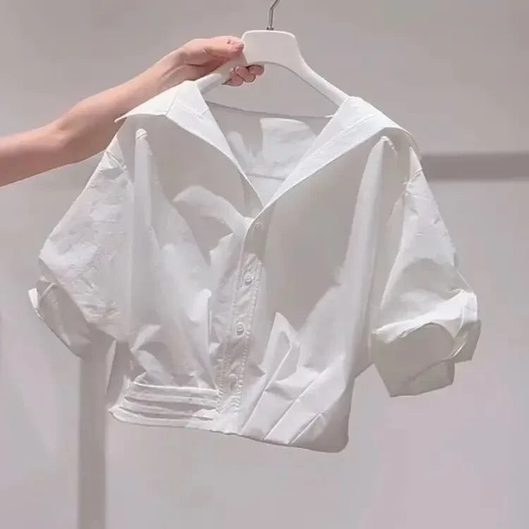 Solid Lapel Bubble Sleeve Blouse