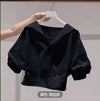 Solid Lapel Bubble Sleeve Blouse