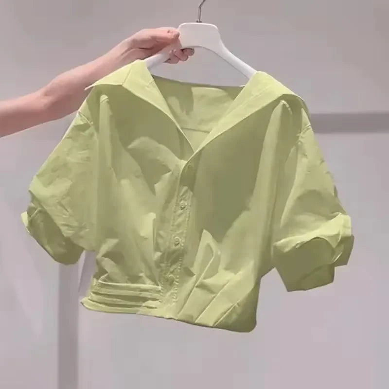 Solid Lapel Bubble Sleeve Blouse