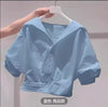 Solid Lapel Bubble Sleeve Blouse