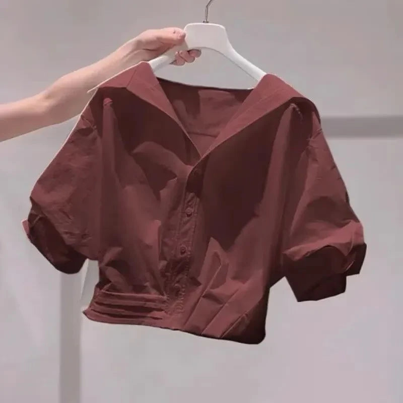 Solid Lapel Bubble Sleeve Blouse