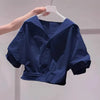Solid Lapel Bubble Sleeve Blouse