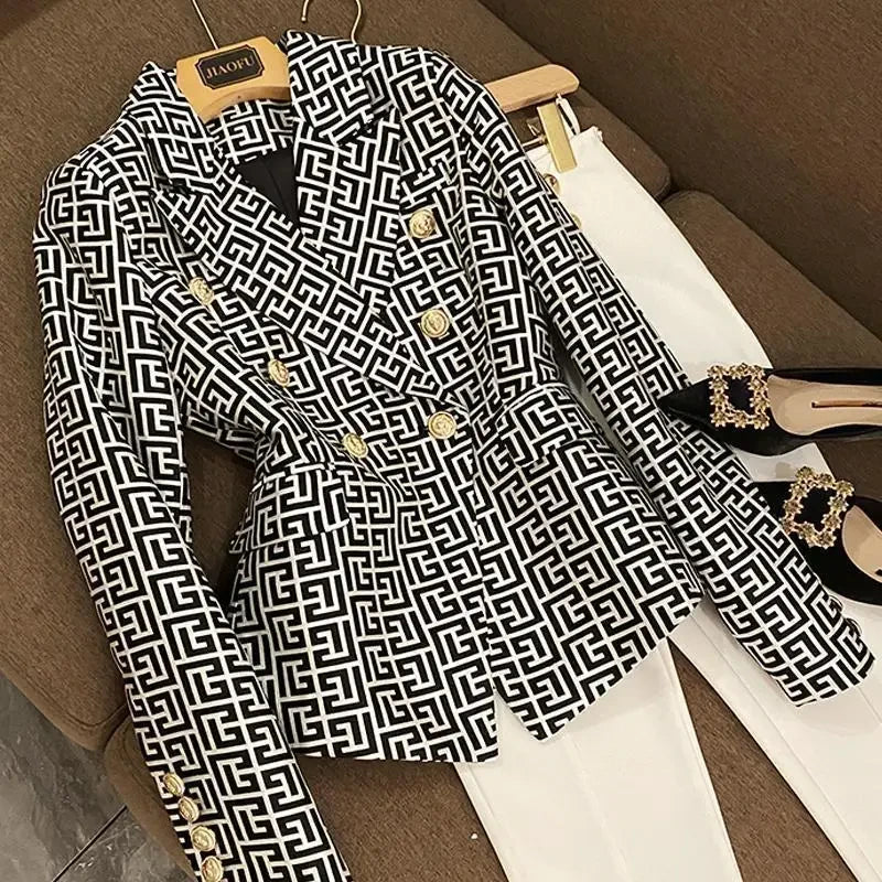 Double Breasted Printed Suit Blazer