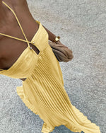 Blue Pleated Halter Maxi Dress