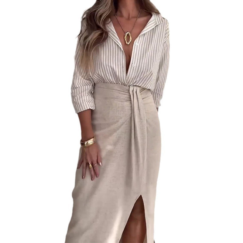 Autumn Fashion Polo Collar Striped Shirt High Waist Half Split Skirt Suit