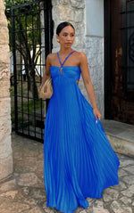 Blue Pleated Halter Maxi Dress
