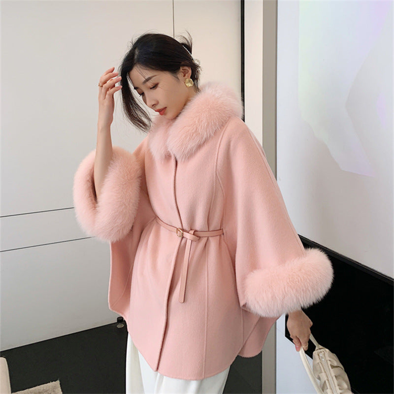 Women's Fashion Double-sided Cashmere Fur Collar Cape And Shawl Coat