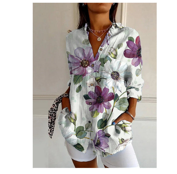 Women's Color Matching Casual Loose Button Digital Printing Shirt