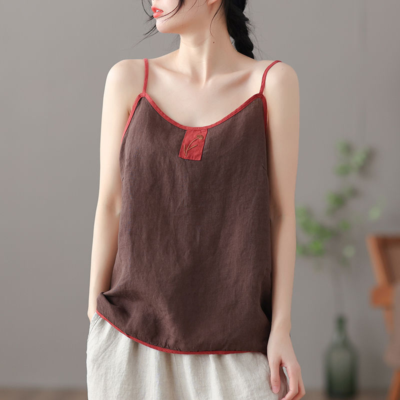 Summer Thin Cotton Linen Top Ladies Embroidered Vest