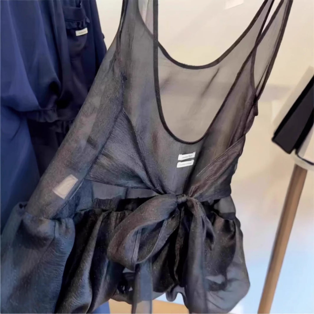 Beautiful Camisole Top Black U-collar Mesh Bud Bandage Dress Shirt Spring