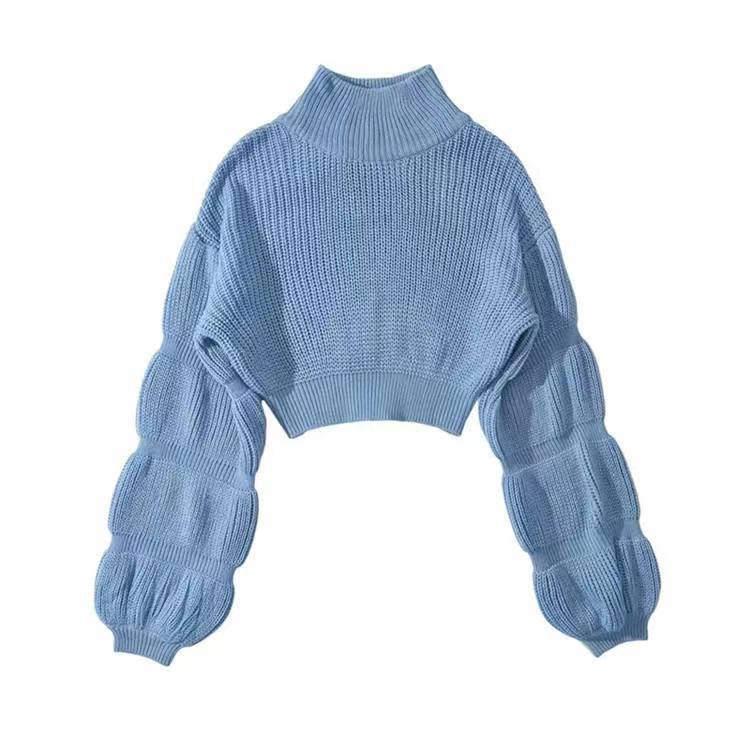 Women's Fashion Loose High Collar Puff Sleeve Knitted Sweater