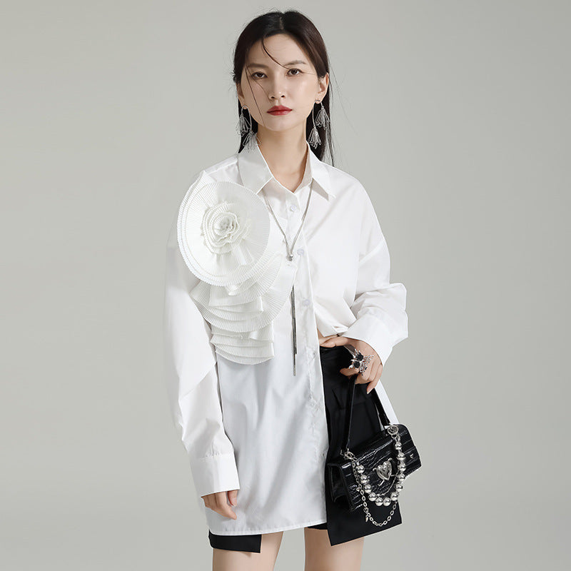 Design Sense Niche Pleated Three-dimensional Flower Long Sleeve Shirt Skirt