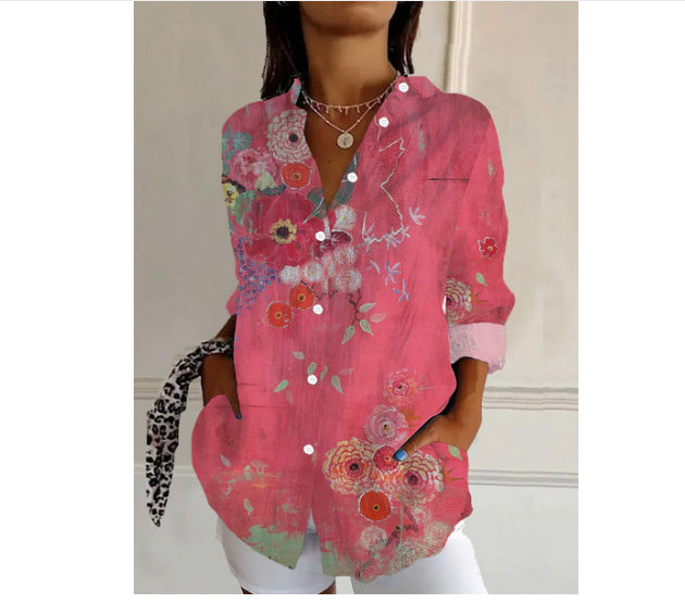 Women's Color Matching Casual Loose Button Digital Printing Shirt