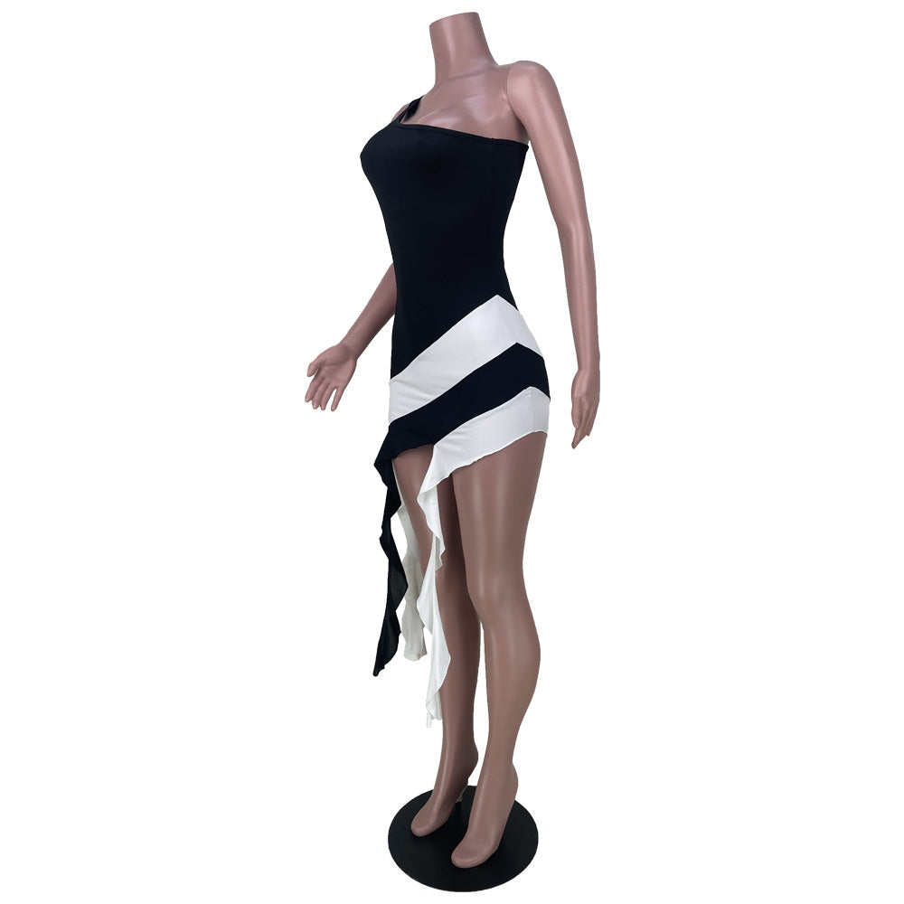 Lotus Leaf Tassel Color Matching Sexy Dress