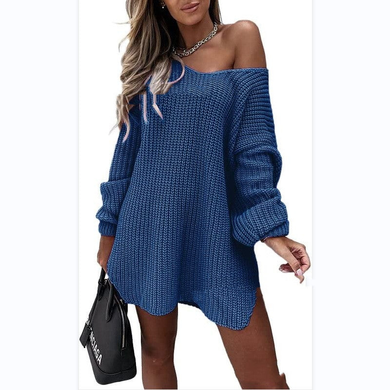 Casual Long Sleeve Loose Off Shoulder V-Neck Knit Women's Sweater