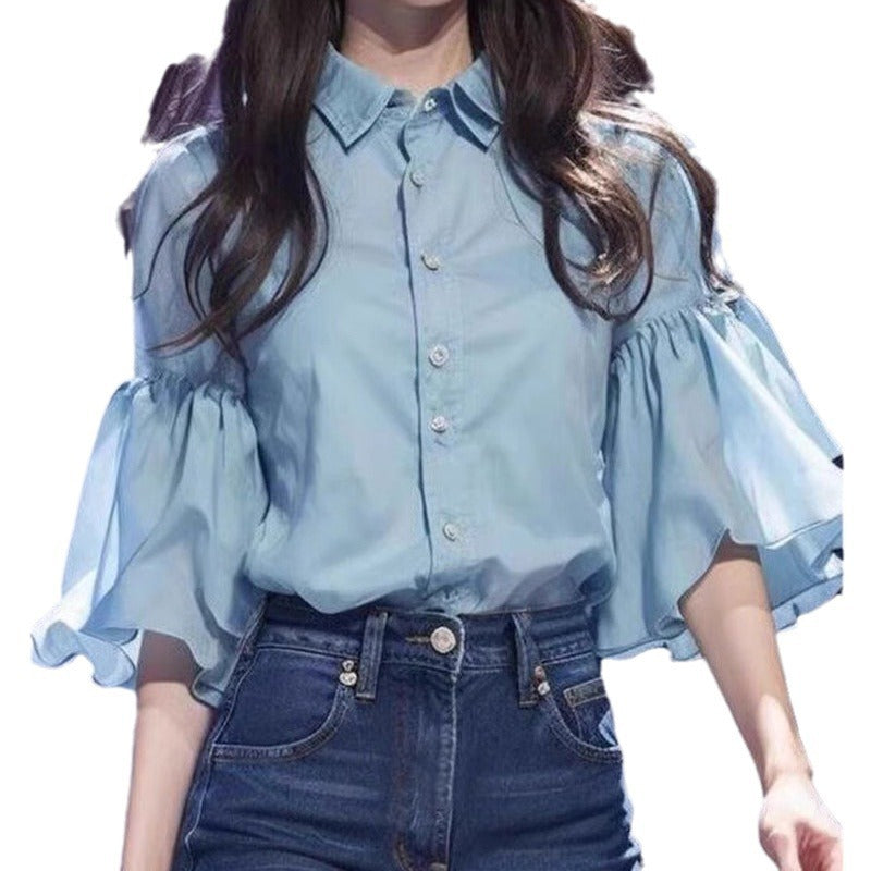 Niche Blue Bell Sleeve Chiffon Shirt