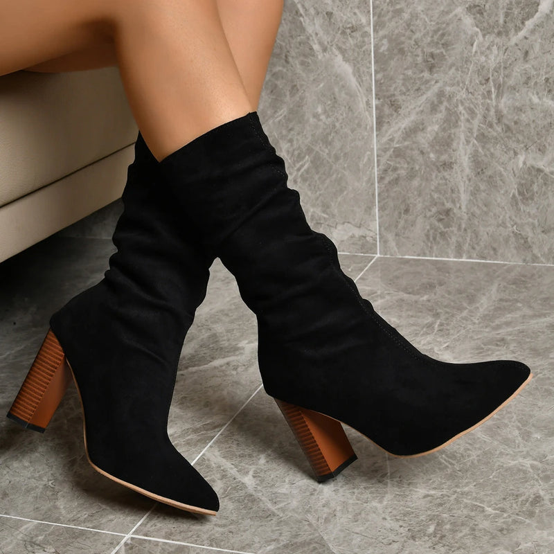Pointed Toe Suede Block Heel Boots