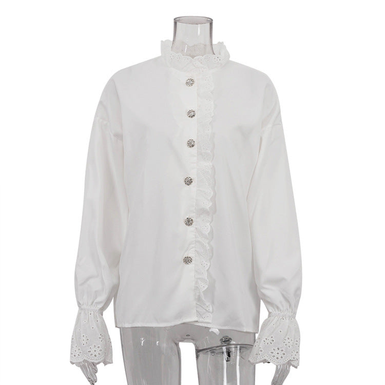 Stand Collar Diamond Lace Ruffled Shirt