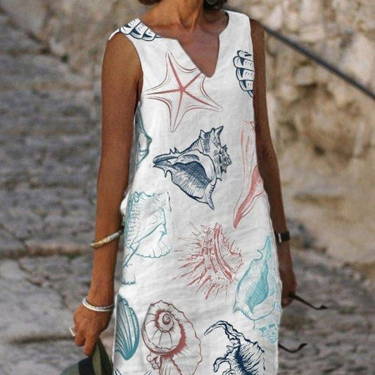 Printed V-neck Sleeveless Mid-length Dress Women