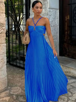 Blue Pleated Halter Maxi Dress