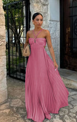 Blue Pleated Halter Maxi Dress
