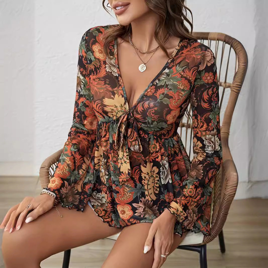 New Mesh Printed Front Knotted Flare Sleeve T-shirt Long-sleeved Top For Women