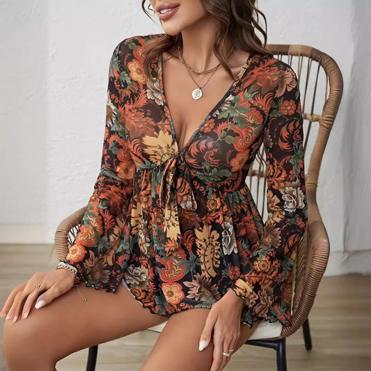 New Mesh Printed Front Knotted Flare Sleeve T-shirt Long-sleeved Top For Women