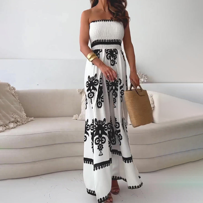 Off-shoulder Tube Top Printed One-piece Trousers