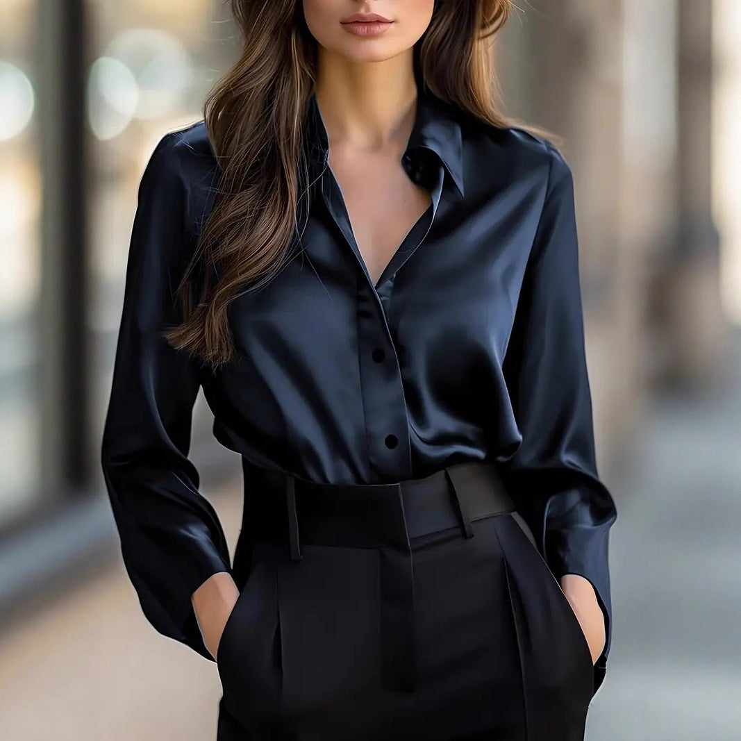 Solid Color Satin Fashion Elegant Long Sleeve Button Shirt Women's Clothing