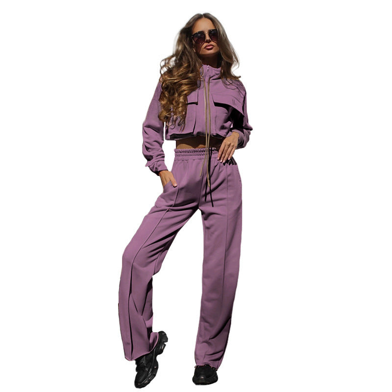 European And American Solid Color Zipper Double Bag Drawstring Long Sleeve Top Fashion Casual Trousers Suit Women