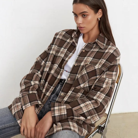 Retro Style All-match Plaid Lapel Long Sleeve Shirt