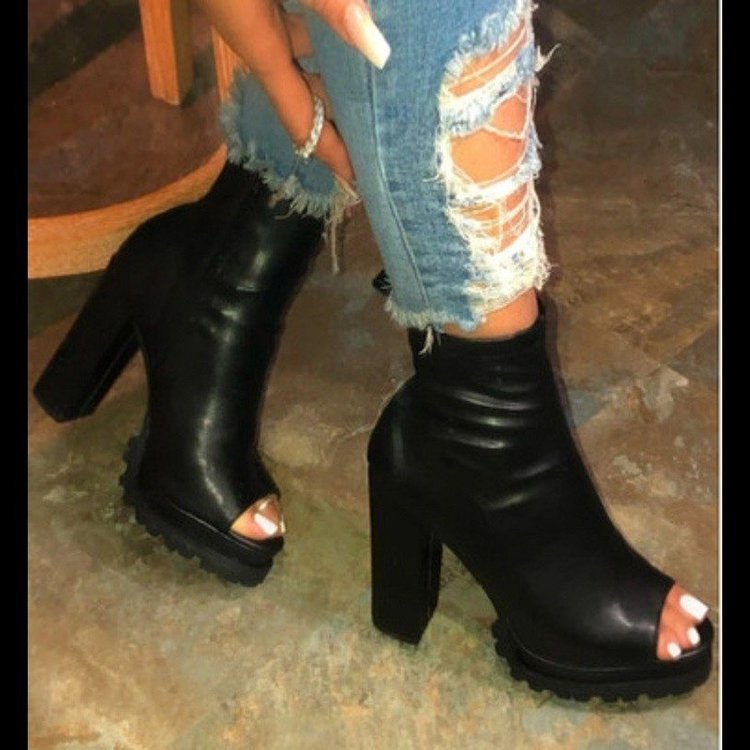 Heels Sandals Open Toes Large Side Zipper Fish Chunky Heel Sandals
