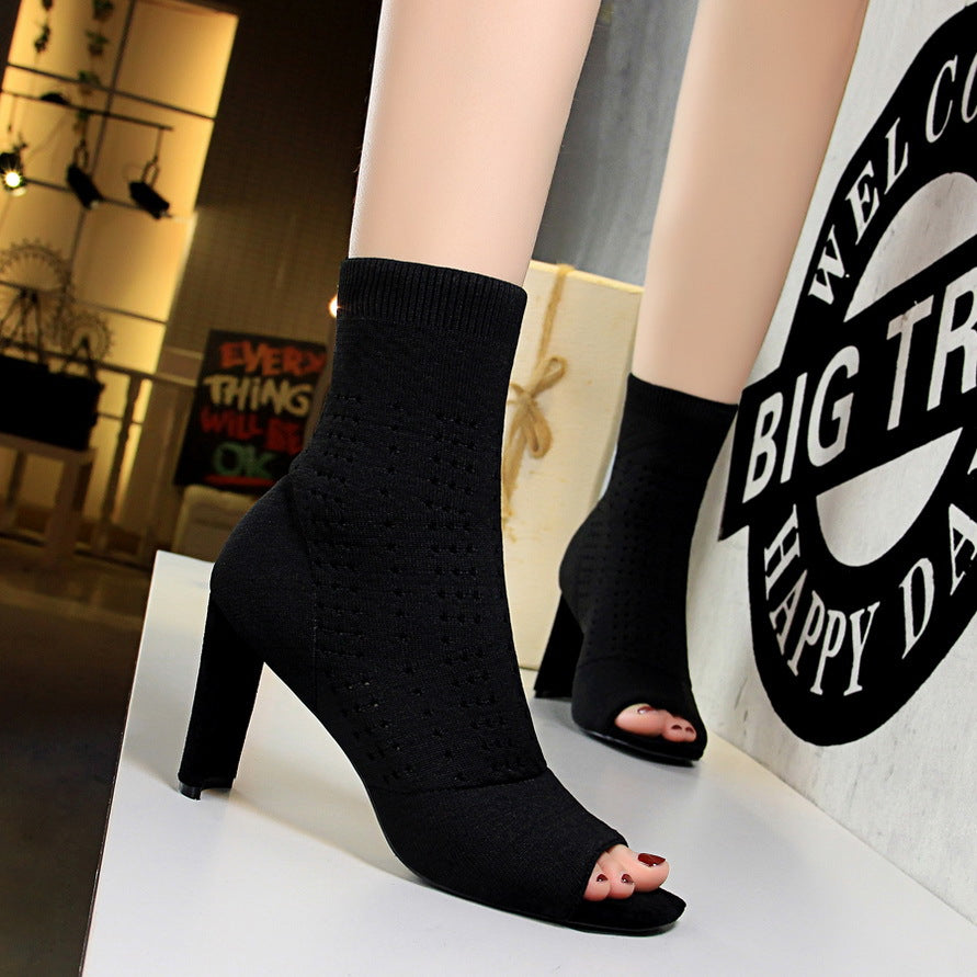Square Fish Mouth Toe Skinny Middle Tube Knitted Ankle Boots
