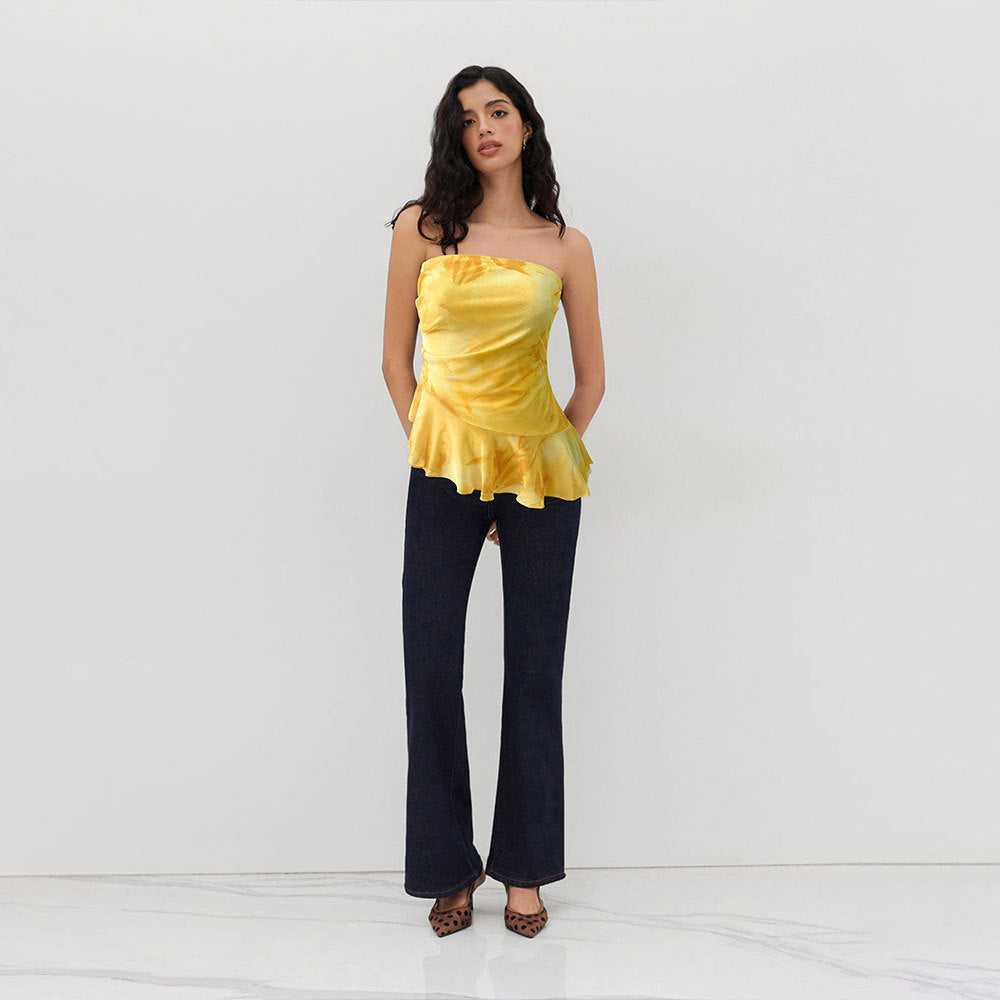 Womens Off-the-Shoulder Ruffled Tube Tie-Dye Vest Top