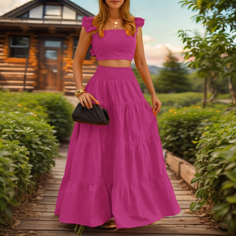 Chic Sexy Solid-color Mid-rise Slip Dress With A Flared Skirttwo-piece Set