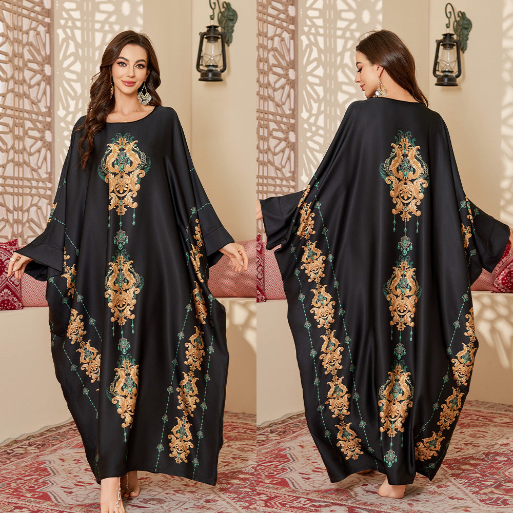 Womens Satin Chiffon SpringSummer Fashionable Printed Pullover Robe Long Nightgown