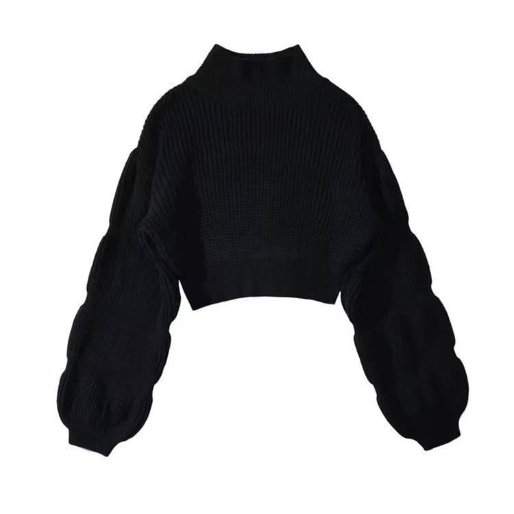 Women's Fashion Loose High Collar Puff Sleeve Knitted Sweater