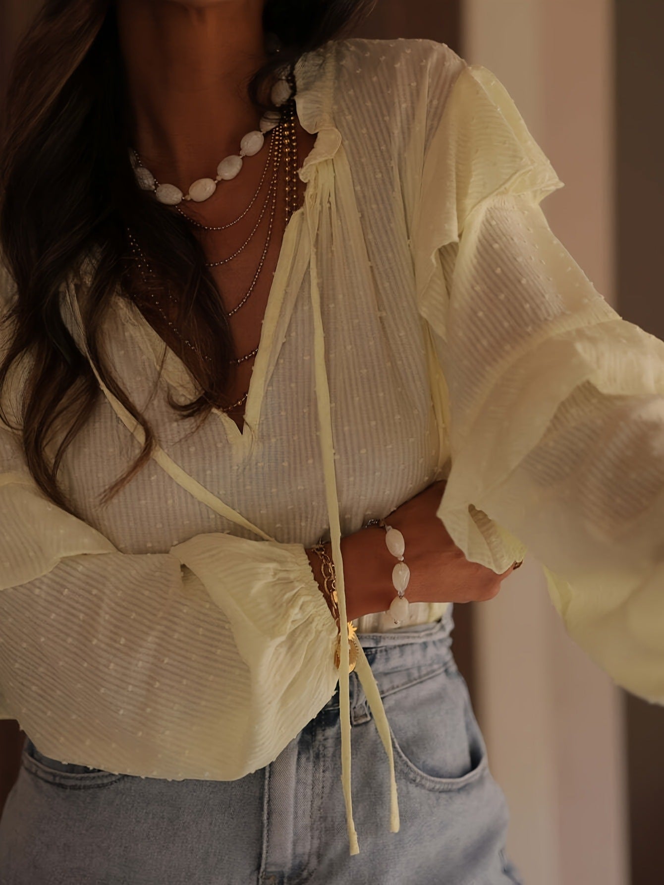 Spring New Arrival Loose-Fit Lace-Up Collar Commuter Shirt Versatile And Chic Pullover Top