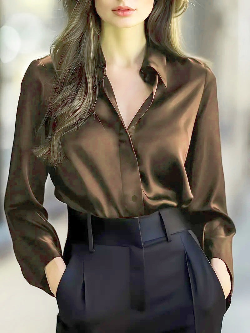 Solid Color Satin Fashion Elegant Long Sleeve Button Shirt Women's Clothing