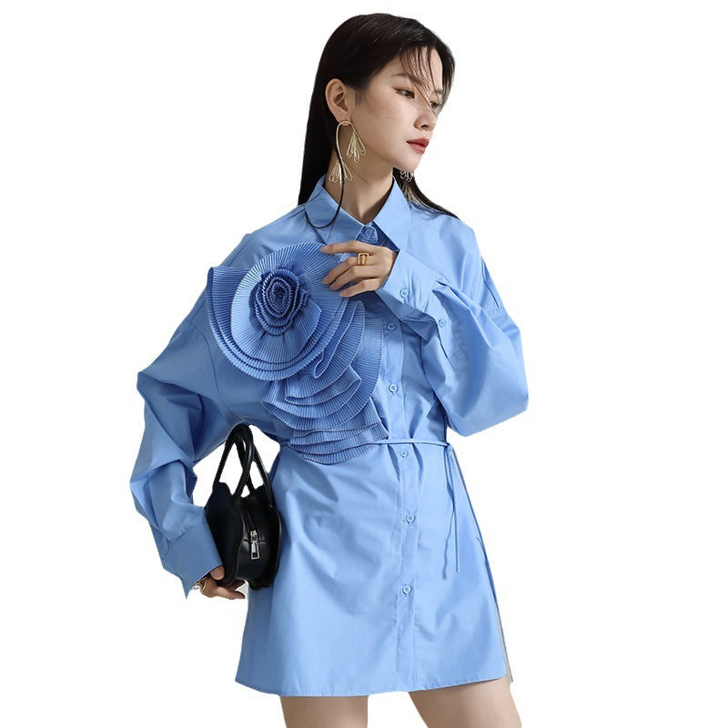 Design Sense Niche Pleated Three-dimensional Flower Long Sleeve Shirt Skirt