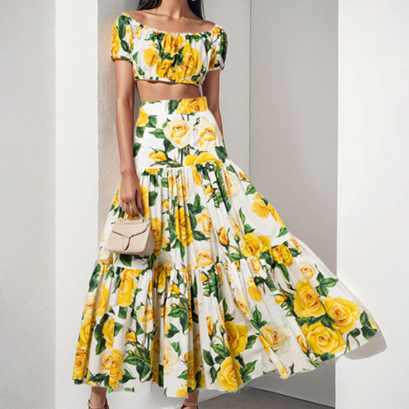 European And American Womens Elegant Sexy Printed Pleated Skirt Fashion Set