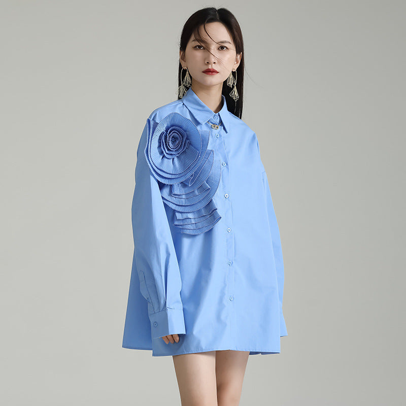 Design Sense Niche Pleated Three-dimensional Flower Long Sleeve Shirt Skirt