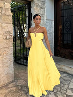 Blue Pleated Halter Maxi Dress