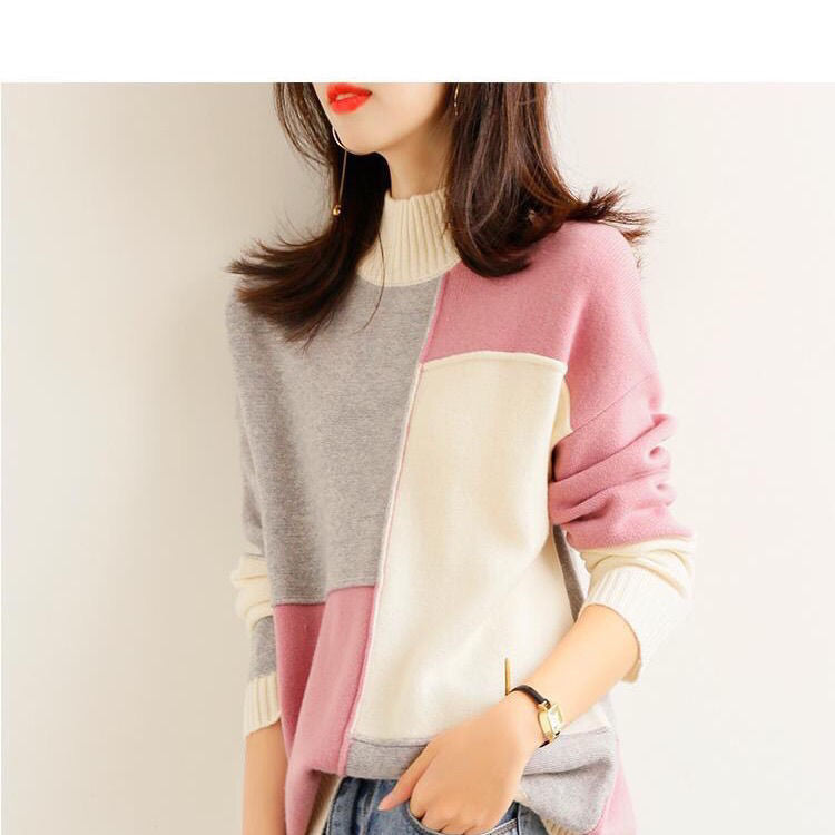 Contrast Color Idle Style Loose Pullover Fashion Commuter Simple Half Turtleneck Korean Style Sweater