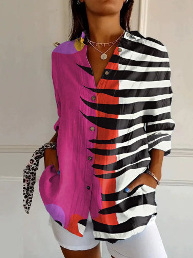Women's Color Matching Casual Loose Button Digital Printing Shirt